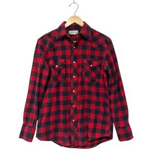 Wrangler Men's Plaid Shirt Size M Wrancher Flannel With Pearl Snaps Cotton Red